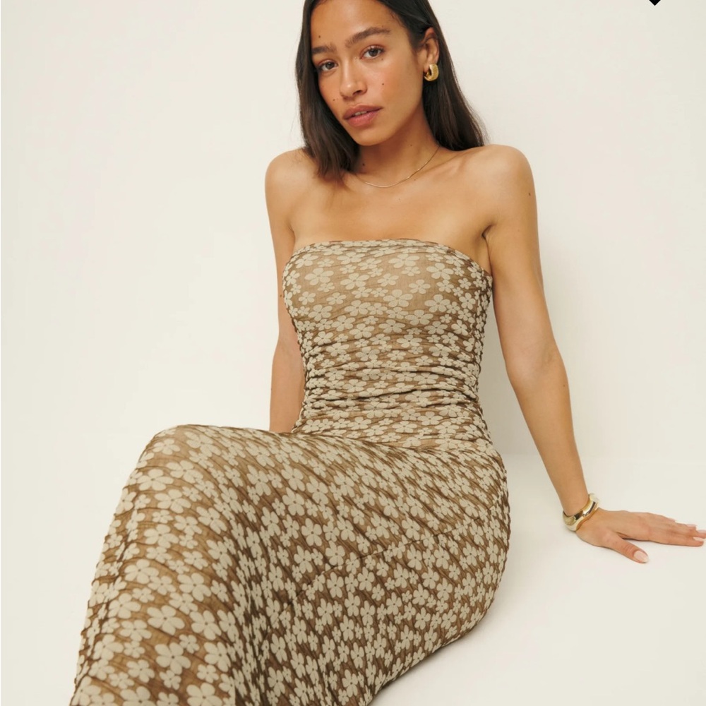 Reformation Tan Ruched Bodycon Cocktail Dress